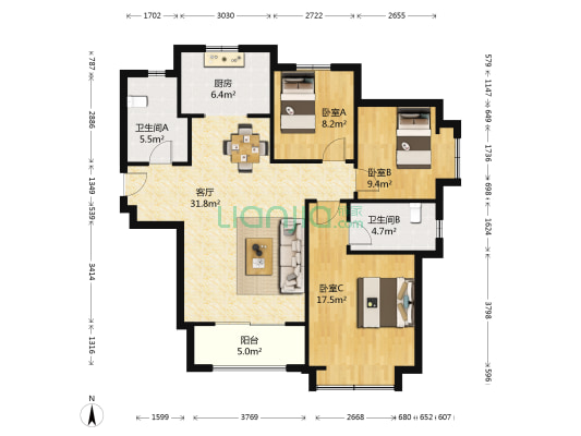 海信悦华里三期 3室1厅2卫 108平方
