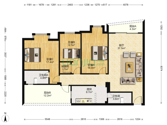 南港都市 3室1厅2卫 142平方