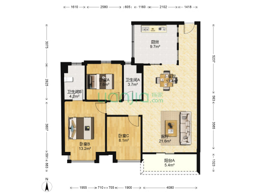 丽江花园 3室2厅2卫 100平方