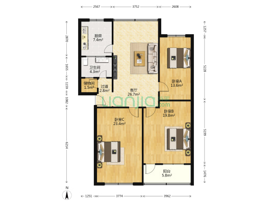 政法小区南院 3室1厅1卫 127平方