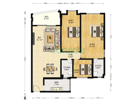 桥富楼 3室1厅2卫 133平方