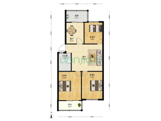 烈士陵园一号院 3室2厅1卫 108平方