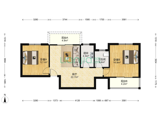 东兴天地B区 2室1厅1卫 91平方