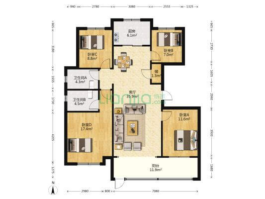 保利海棠 4室1厅2卫 143平方
