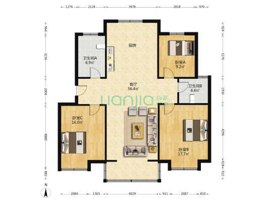东河街 3室1厅2卫 128平方