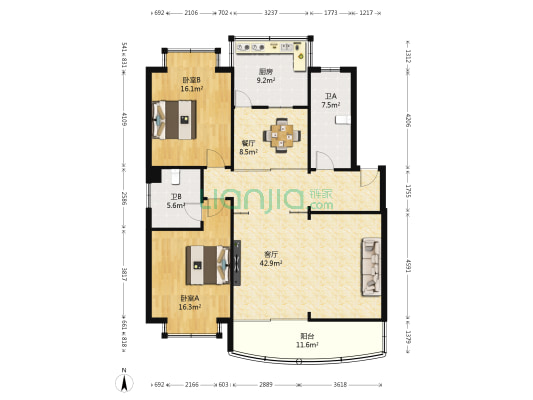 众安花园 2室2厅2卫 142平方
