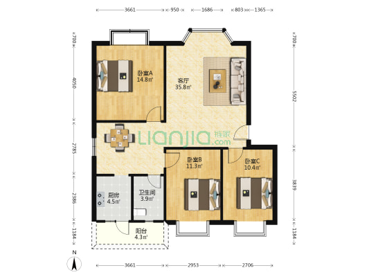 亲河美地 3室1厅1卫 103平方