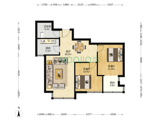 觉康园 2室1厅1卫 90平方