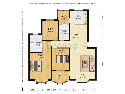 云锡花园一期 4室2厅2卫 107平方