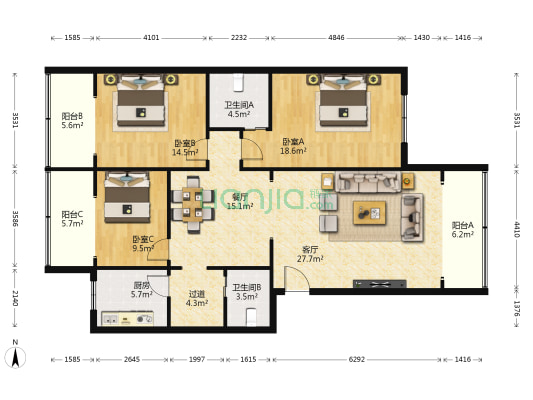 西藏阳光苑 3室2厅2卫 137平方