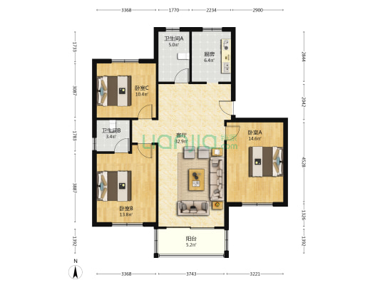 开天公寓 3室1厅2卫 114平方