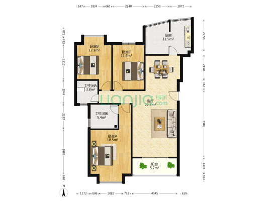汇林阁小区小高层西 3室2厅2卫 128平方