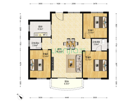 园丁大厦(南岸) 3室1厅2卫 128平方