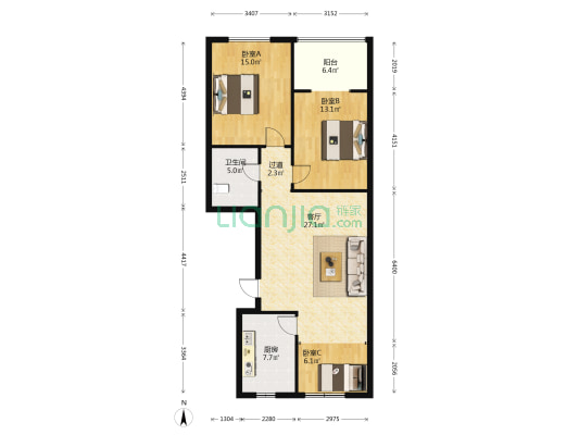 山西省冶金设计院 3室1厅1卫 110平方