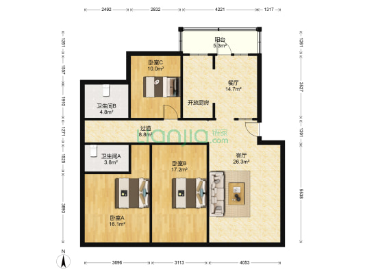烟草公司宿舍 3室2厅2卫 132平方