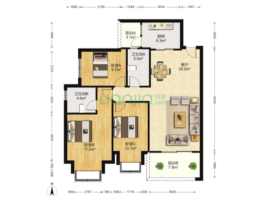 南宁恒大华府 3室1厅2卫 121平方