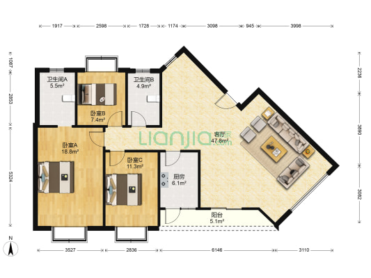 青江花园 3室1厅2卫 123平方