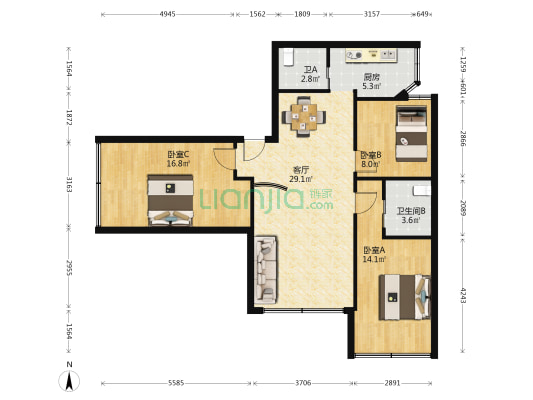 解放路118号 3室1厅2卫 97平方