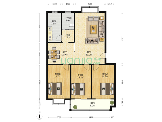 齐城商会花园小区 3室2厅1卫 130平方