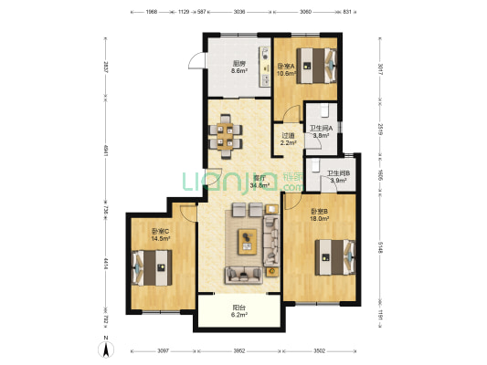 保利天悦一期 3室1厅2卫 140平方