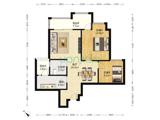 同景国际城香溪美岸 2室1厅1卫 91平方