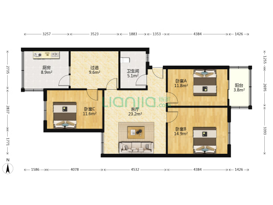 富田陇海花园 3室1厅1卫 111平方