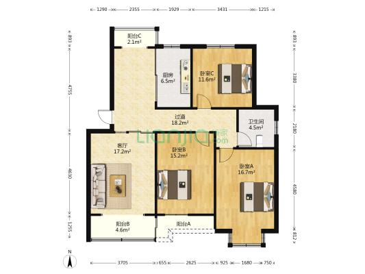张镇家园B区1-101 3室1厅1卫 123平方