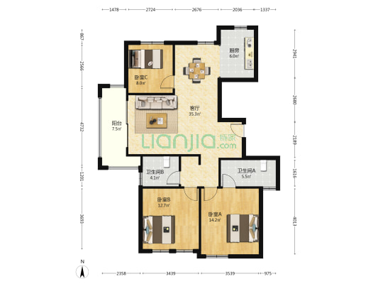 建华家苑 3室1厅2卫 120平方