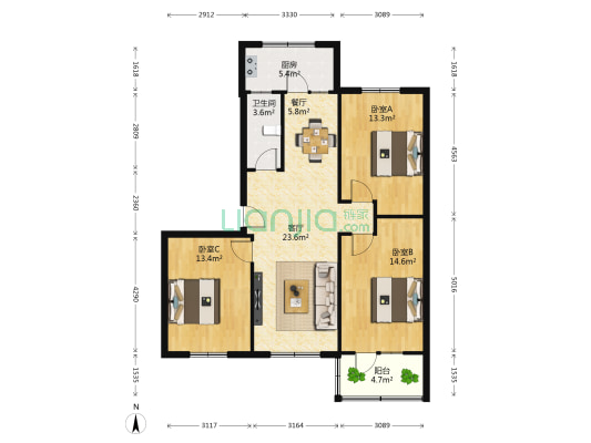颐宏路 3室2厅1卫 107平方
