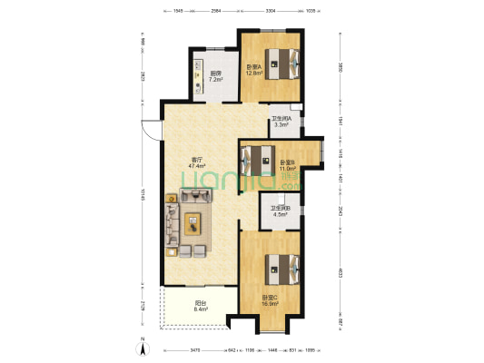 万科金域国际 3室1厅2卫 145平方