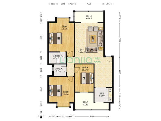 名仕公寓 3室1厅2卫 120平方