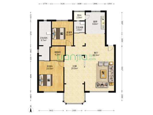 中海国际社区F区 2室1厅2卫 147平方