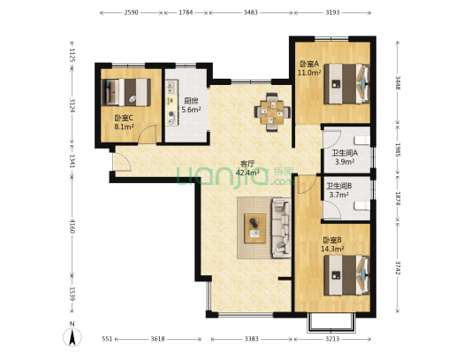 西港星汇国际 3室1厅2卫 124平方