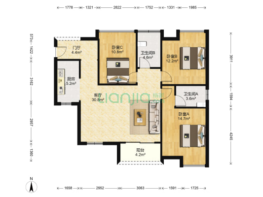 金雁·欧城联邦 3室1厅2卫 115平方