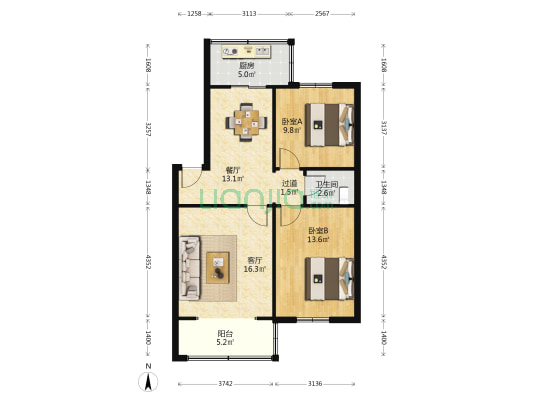 纺织城军干所小区 2室2厅1卫 75平方
