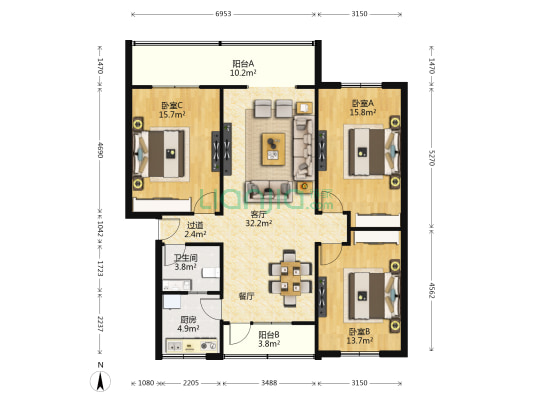 龙阳小区 3室1厅1卫 120平方