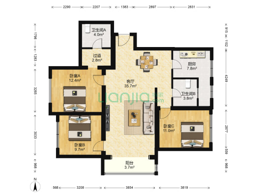 瑞都国际北区 3室1厅2卫 139平方