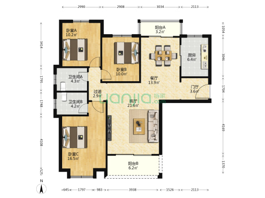 金广星苑 3室2厅2卫 128平方