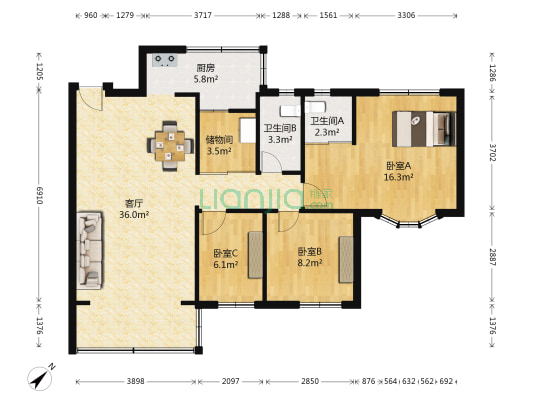 新桂花村 3室1厅2卫 106平方