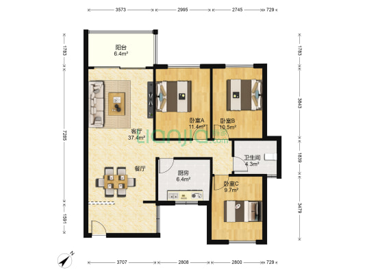 阳光里玫瑰园 3室1厅1卫 90平方