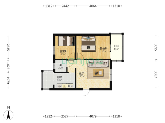 昆明日报社宿舍 2室1厅1卫 47平方