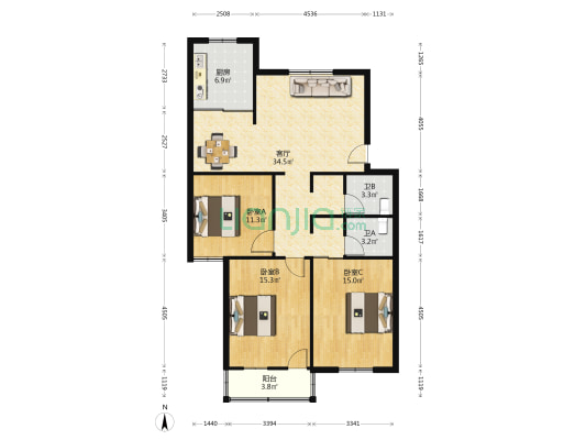 长青六组三院宿舍楼 3室1厅2卫 109平方