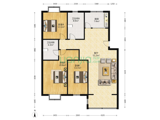 斌林大厦 3室1厅2卫 144平方