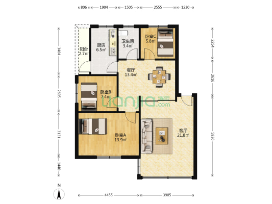 华丽花园 3室2厅1卫 88平方