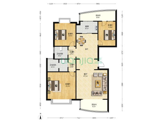 龙光家园小区 3室1厅2卫 175平方