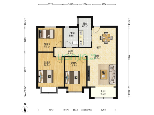 鑫苑世家公馆文韬苑 3室1厅1卫 111平方