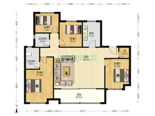新城云樾晓院二期 4室1厅2卫 149平方