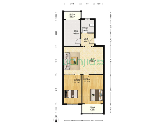世纪花园 2室1厅1卫 89平方