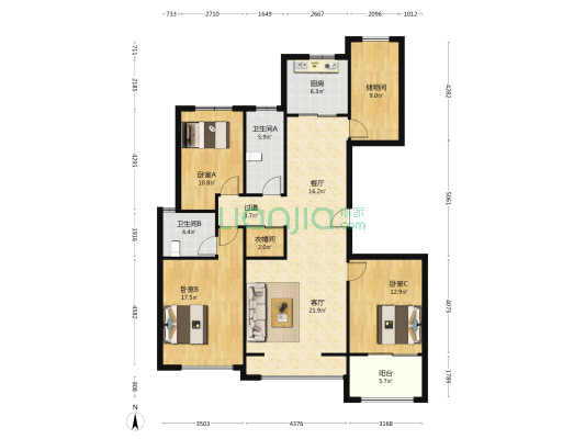 奥体新城首府 3室2厅2卫 142平方