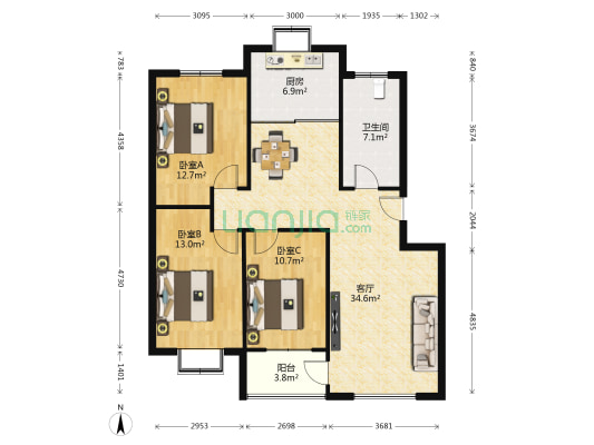 海圣春天 3室1厅1卫 120平方